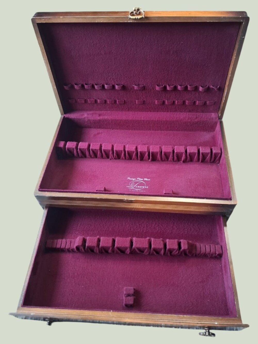 Vintage Prestige Plate Silverware Chest Wood Flatware Storage Box Burgundy Velve